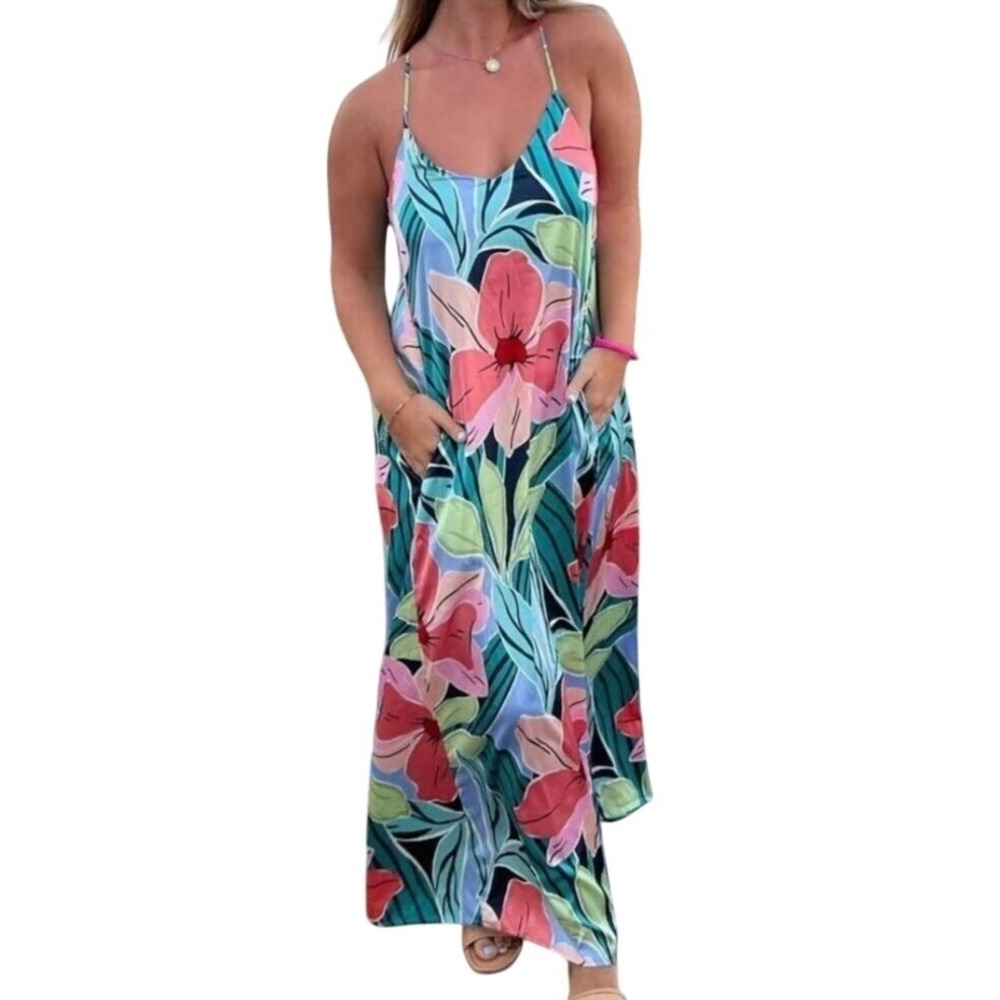 Nicole Miller Pastel Floral Trapeze Slip Maxi Dress Sz‎ S Strappy Resort Beach